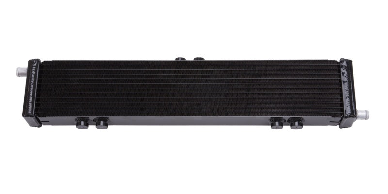 Edelbrock single pass dual row intercooler in black with 22,000 Btu/hr capacity, 26.5" W x 5" H x 2.62" D, designed for performance.