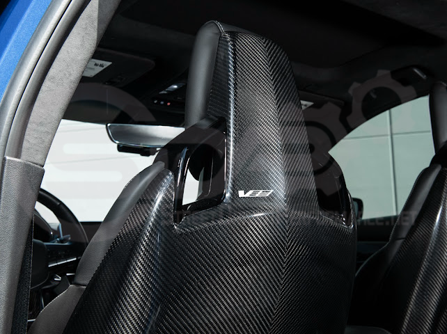 Pair of carbon fiber seat back panels for Cadillac CT5-V and Blackwing interior, driver and passenger side, by Street Driven Performance.