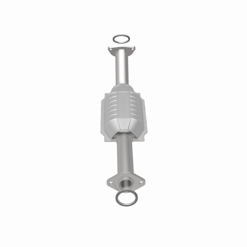 MagnaFlow direct fit catalytic converter for 2003-2004 Toyota Tundra V8 4.7L gas engine, shown installed under the vehicle.