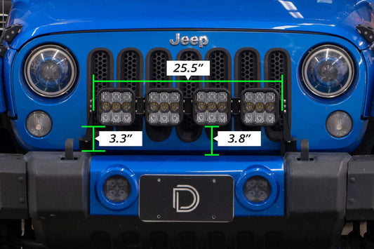 Diode Dynamics Jeep JK SS5 4-Pod CrossLink grille lightbar kit with yellow and combo LED lights for off-road visibility.