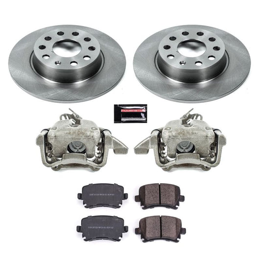 PowerStop rear brake kit with calipers for 2013 Audi A3 Quattro, OEM-style Autospecialty brake replacement, front view.