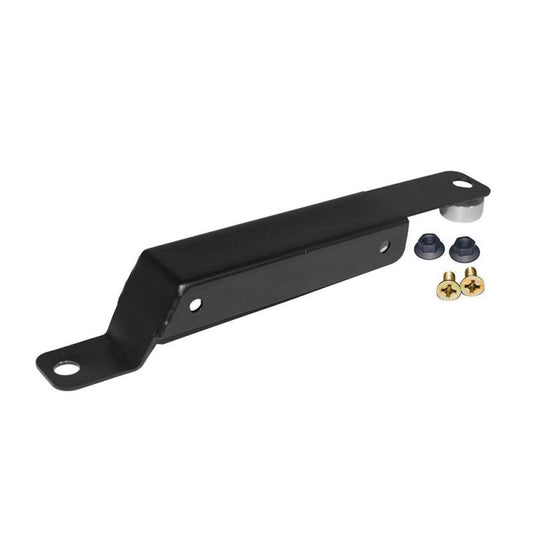 DV8 Offroad fire extinguisher and flashlight floor mount bracket kit for 2007-2018 vehicles, shown installed in a vehicle interior.