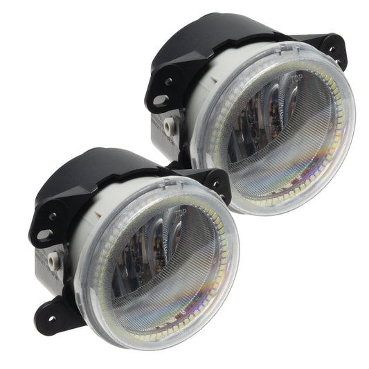 Oracle Lighting Jeep Wrangler JK fog lights with ColorSHIFT dynamic SMD LEDs, showcasing vibrant lighting in a rugged vehicle.