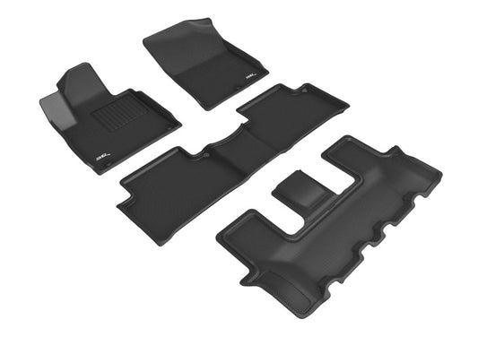 3D MAXpider rubber floor mats for Kia Sorento 2022-2023 7-seat, in black with custom R1, R2, R3 design for all rows