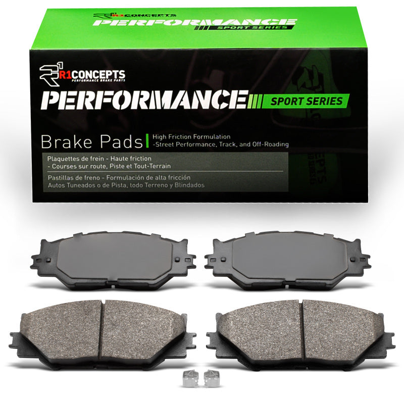 R1 Concepts front performance sport brake pads for Lexus IS250 2006-2015, showing black brake pad with metal backing.