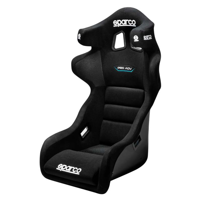 Sparco Pro Adv LF black race seat with racing harness slots, designed for high-performance driving and racing applications.