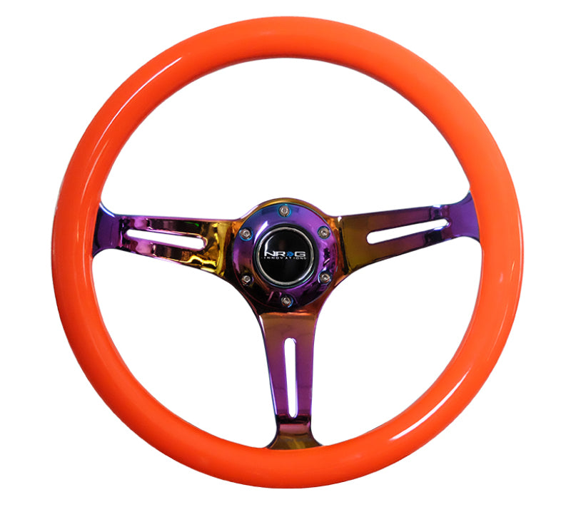 NRG Classic wood grain steering wheel in neon orange with neochrome spokes, 350mm diameter, for sport and custom cars.
