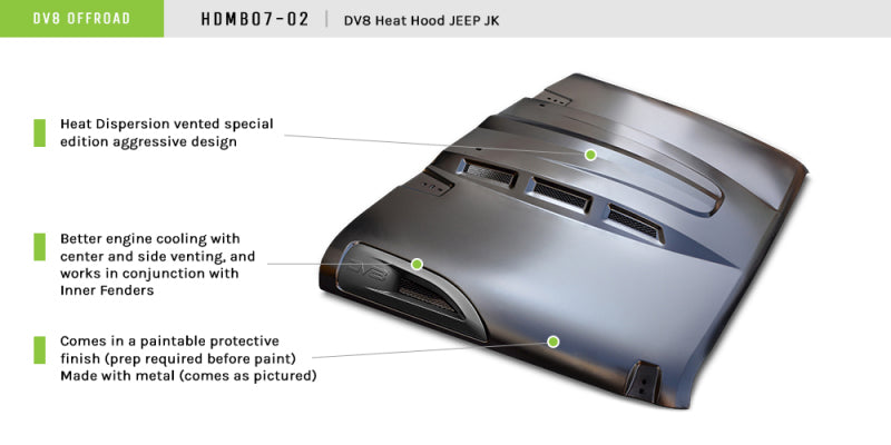 DV8 Offroad Jeep Wrangler JK metal heat dispersion hood in primer black, designed for 2007-2018 models with a rugged finish.