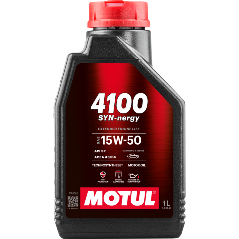 Motul 1L Engine Oil 4100 SYN-ergy 15W50 container for motor oils, featuring brand logo and product labeling