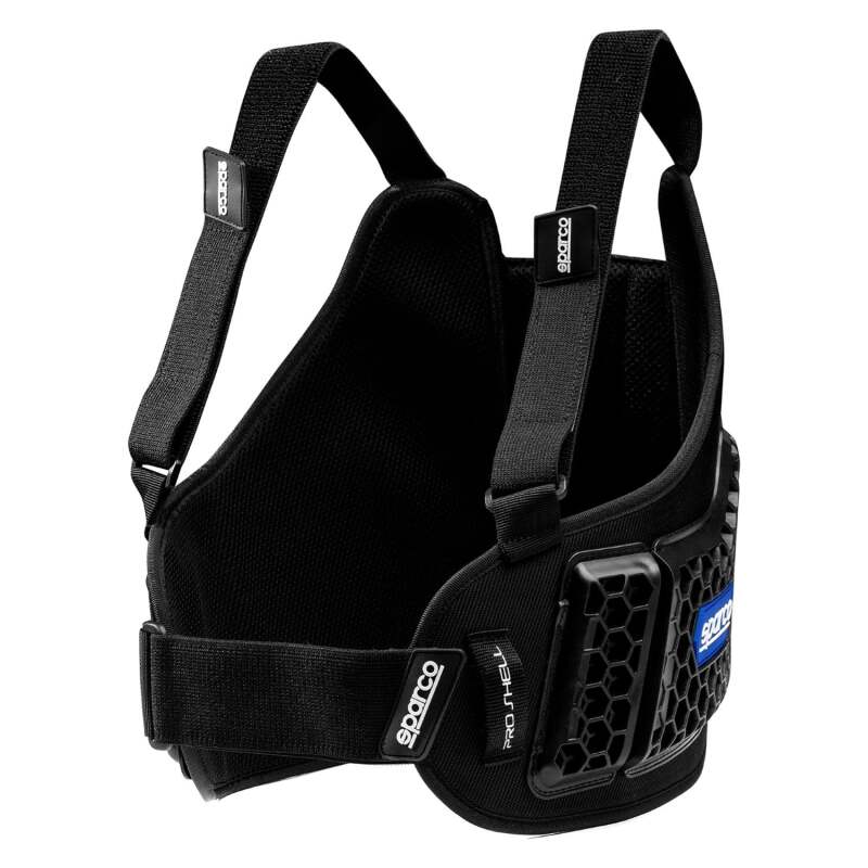 Black Sparco Rib Vest Pro Shell small seat belt harness with adjustable straps and padding for racing safety.