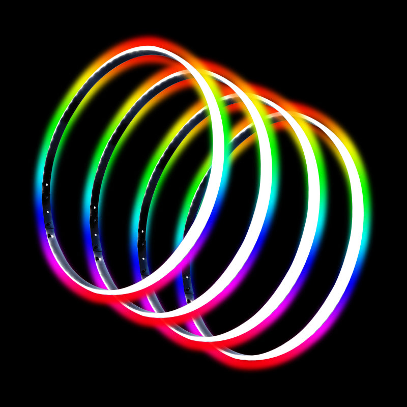 Oracle Lighting LED illuminated wheel rings with ColorSHIFT technology, showcasing vibrant, color-changing light strip on a vehicle wheel.