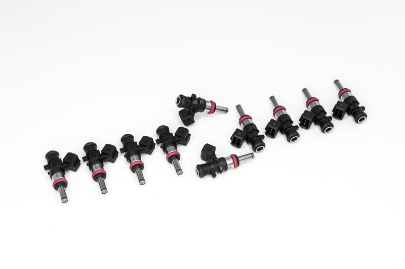 DeatschWerks 1200cc fuel injector set for Dodge Viper 03-10/12-17 and 92-02, top feed, 4-cylinder engine, 10 injectors shown