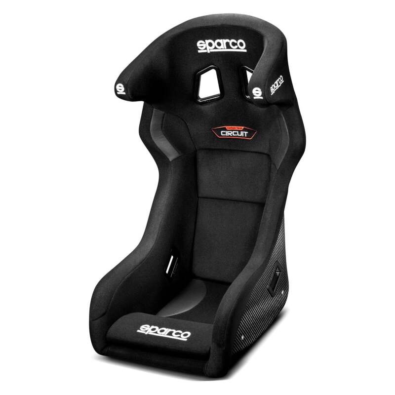 Sparco Circuit II Carbon black race seat with supportive bolsters and racing harness slots for high-performance driving.