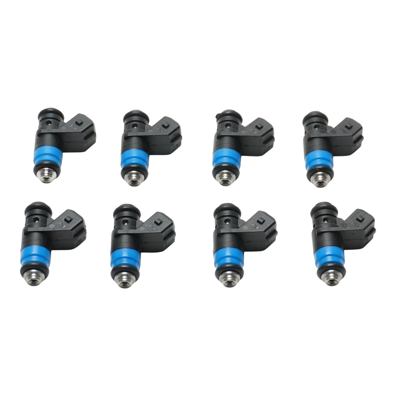 DeatschWerks universal set of 8 60lb fuel injectors for 8-cylinder engines, showing the injectors lined up with metal connectors