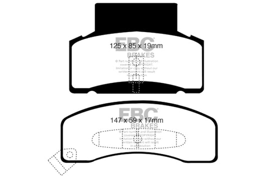 EBC Ultimax2 front brake pads for Chevrolet C30 DRW 92-99, OE style, with metal backing and brake pad friction material.