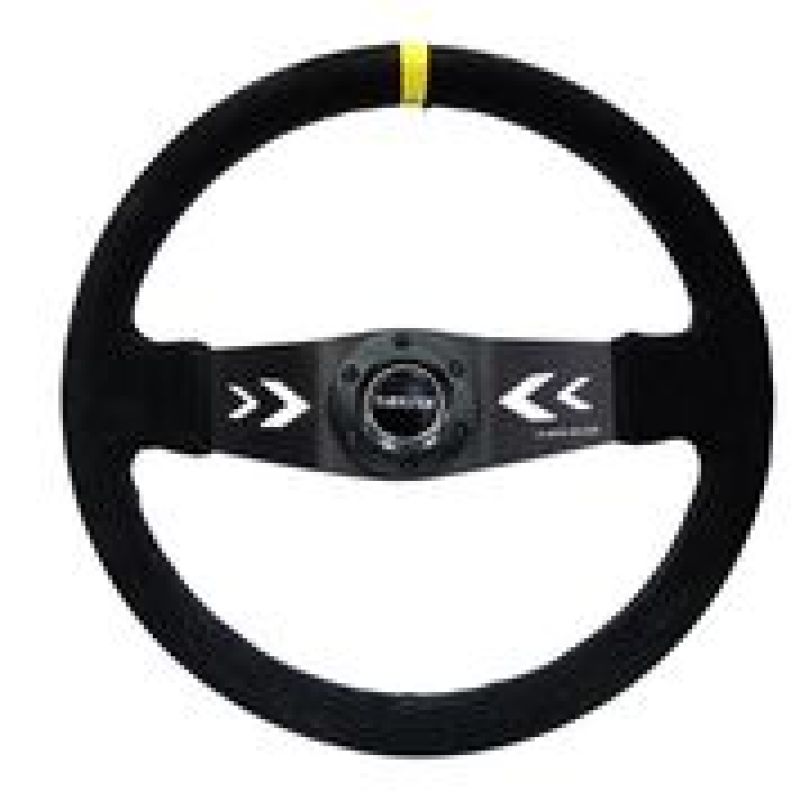 NRG reinforced 350mm black suede steering wheel with arrow cut 2-spoke design, yellow mark, and deep 3-inch profile.