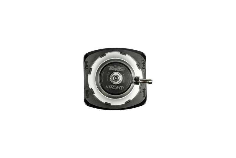 Turbosmart canister style fuel filter with regulator in black, designed for automotive fuel systems and high-performance applications.