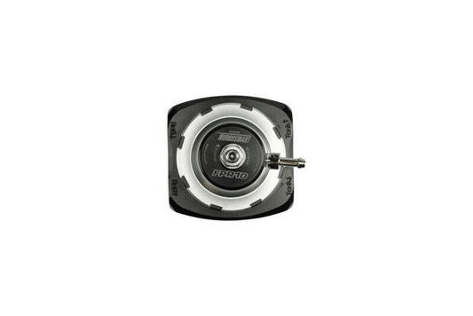 Turbosmart canister style fuel filter with regulator in black, designed for automotive fuel systems and high-performance applications.