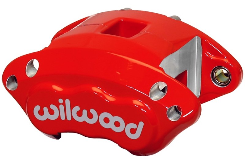 Wilwood red performance brake caliper with 1.62-inch pistons and 1.04-inch disc for enhanced braking performance.