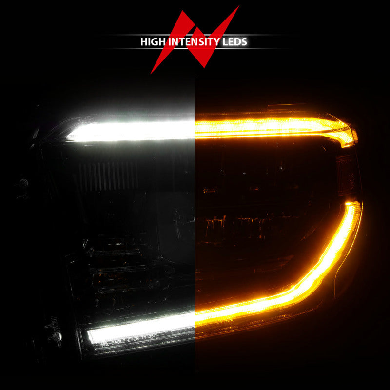 ANZO LED crystal headlights for 2014-2017 Toyota Tundra with black housing, switchback feature, and daytime running lights.