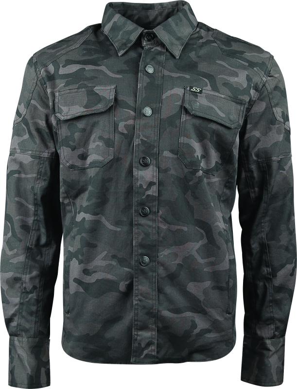 Speed and Strength Call to Arms camouflage moto shirt in XL, showcasing a rugged design with camouflage pattern and motorcycle-inspired style.