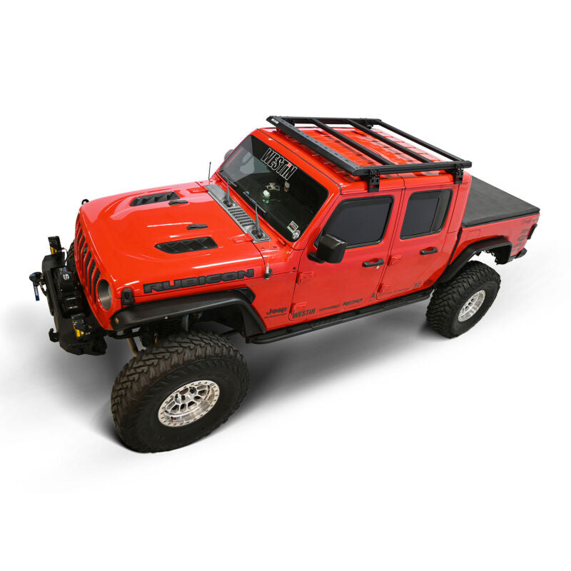 Westin Jeep Gladiator Mesa roof rack with black metal bars and mounting hardware for 20-26 model years.