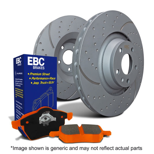 EBC S8 brake pad and rotor kit featuring slot and drilled brake rotors for enhanced stopping power and performance.