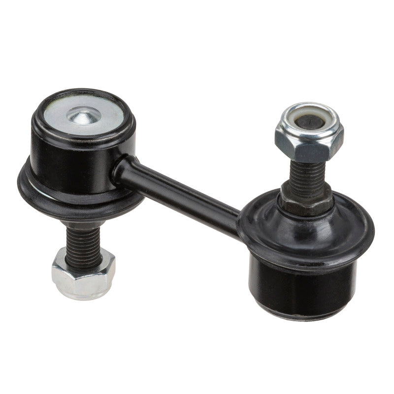 Moog rear sway bar endlink for Kia Amanti 2007-2009, close-up of black metal sway bar link with mounting hardware