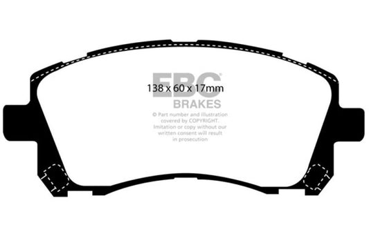 EBC Redstuff front brake pads for Subaru Forester 2.5, high-performance brake pads, shown in a close-up view.