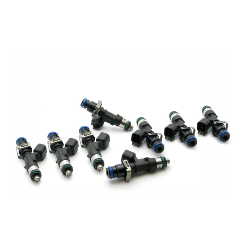 DeatschWerks 95lb/hr fuel injector set for Ford Mustang GT, F-Series trucks, and SVT Raptor, designed for 8-cylinder engines.