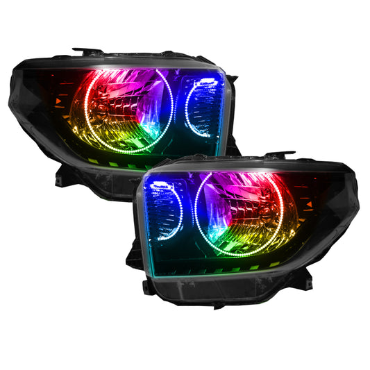 Oracle Lighting Toyota Tundra headlights with dual Halo Kit and ColorSHIFT feature, showcasing bright LED halos without controller.