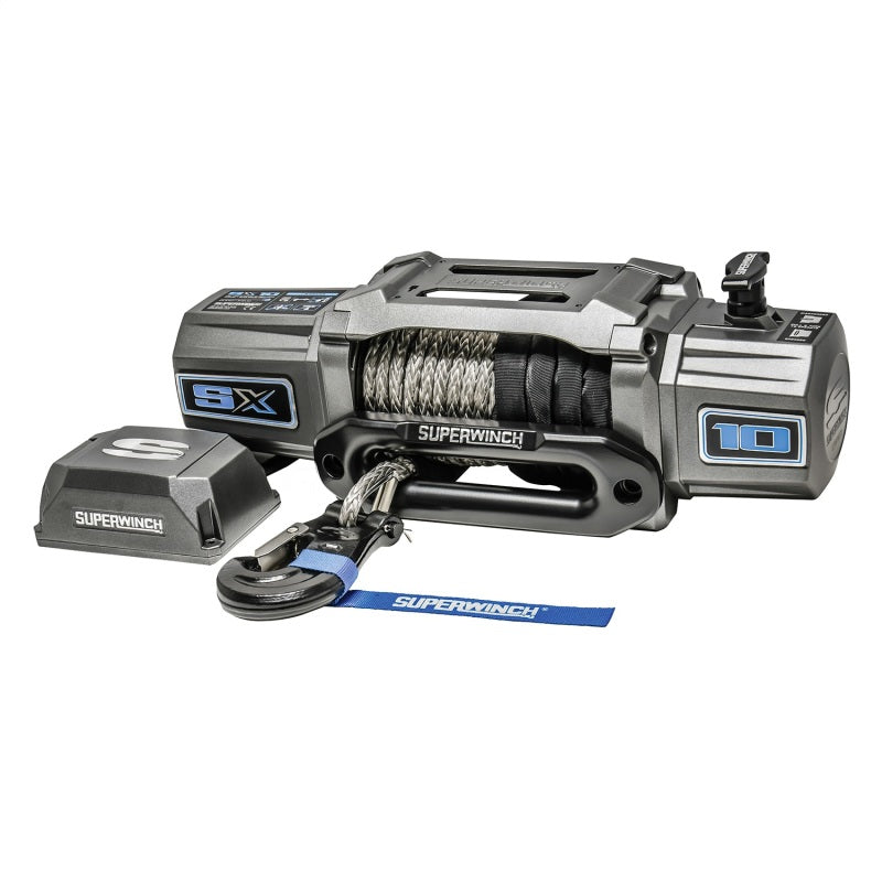 Superwinch 10,000 lbs 12V DC synthetic rope winch with 3/8 inch x 80 ft rope, designed for heavy-duty pulling and recovery tasks.