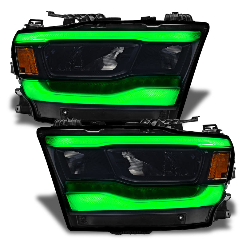 Oracle RGB+W LED headlight DRL kit for Dodge RAM 1500 2019-2021, featuring reflector headlights with colorful lighting effects.