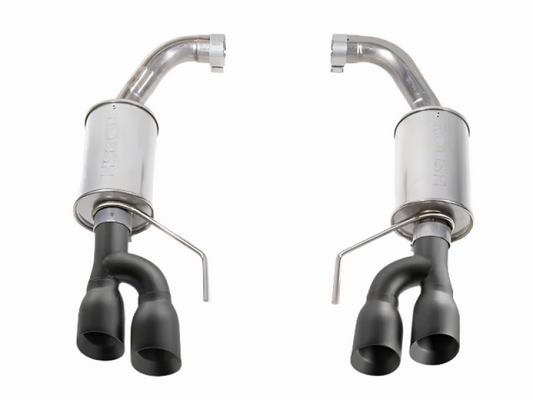 Roush 18-25 Mustang GT black tip axle back exhaust system showing polished dual exhaust tips and sleek black muffler.