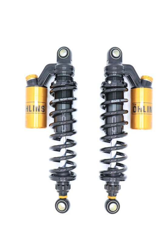 Ohlins blackline shock absorber with gold accents for Harley-Davidson Dyna FXD 91-17, showing sleek design and mounting details.