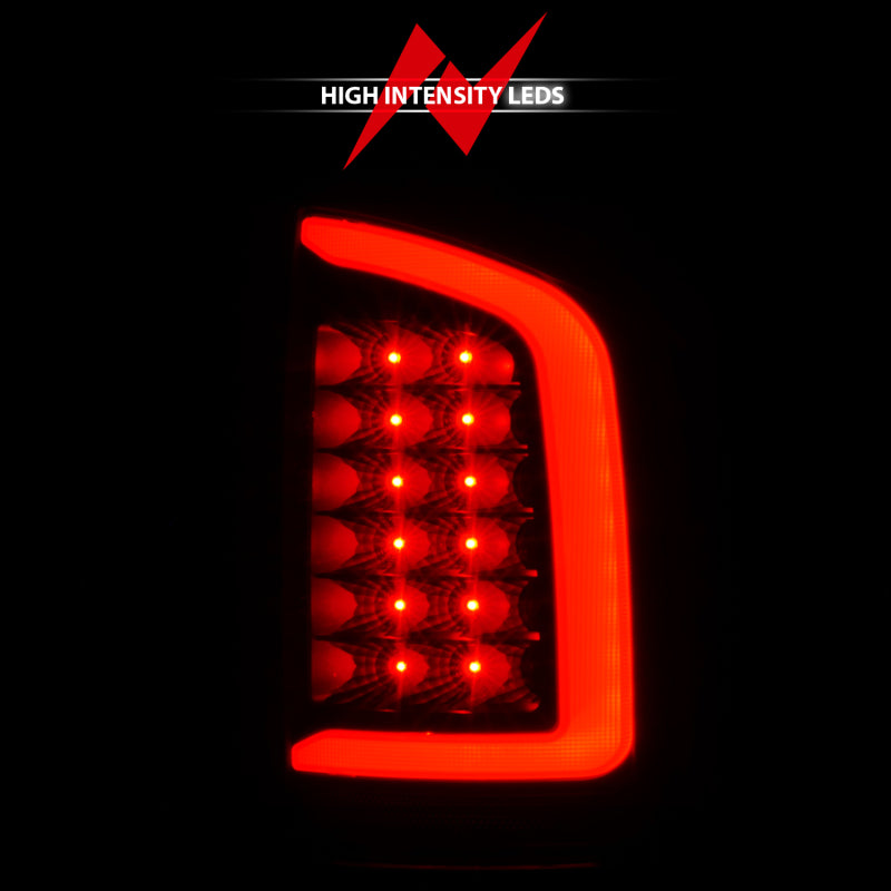 ANZO Dodge Ram 1500 LED tail lights with light bar, black housing, smoke lens, designed for 2002-2006 models.