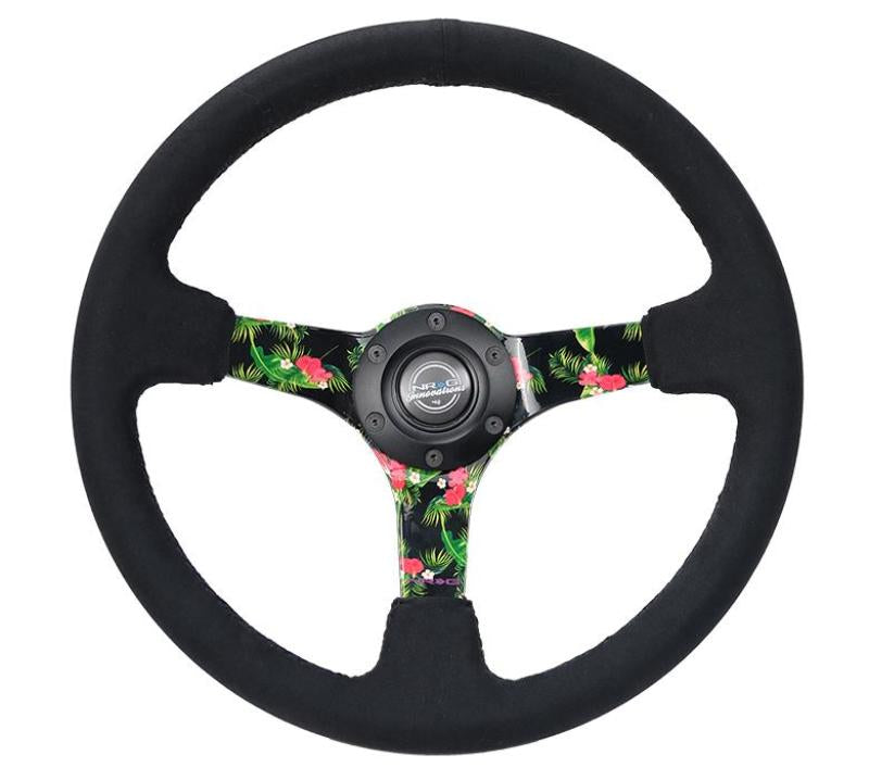NRG black suede reinforced steering wheel with 350mm diameter, 3-inch deep, 5mm floral 3-spoke center for car interior customization