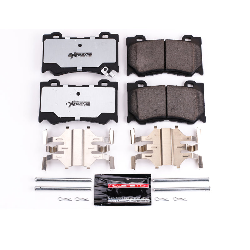 PowerStop Z26 Extreme Street brake pads with hardware for Infiniti FX50 (2009-2013) front brake system, performance automotive brake parts.