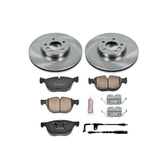 PowerStop OE brake kit for 2007-2010 BMW X5 front brakes with rotors and pads on a vehicle.