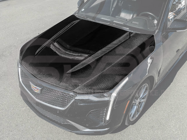 Cadillac CT4 Black Wing style carbon fiber vented front hood, enhanced with aggressive design and lightweight construction.
