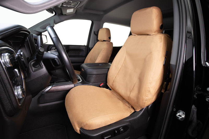 Covercraft Ford Transit front row seat covers in tan, made of polycotton, custom fit for 2014-2023 model year vehicle seats.