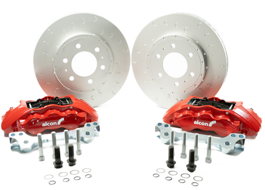 Alcon 2021+ Ford Raptor Gen 3 Big Brake Kit front brake calipers and rotors installed on the vehicle.