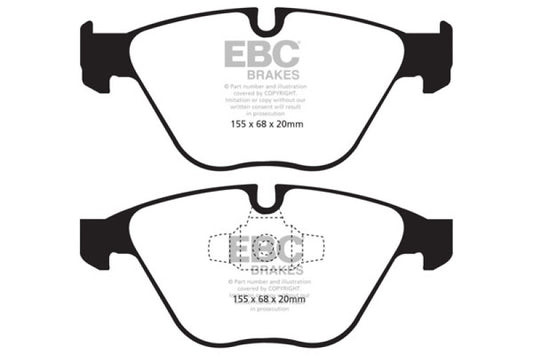 EBC Redstuff front brake pads for BMW X1 2.0 Turbo (28i), high-performance brake pads with red friction material.