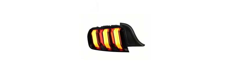 Raxiom Ford Mustang Euro Style LED tail lights with gloss black housing and red lenses for 2015-2023 models.