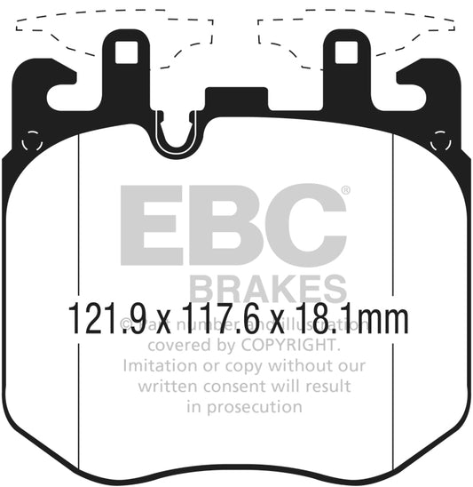 EBC Redstuff front brake pads for BMW X5 3.0T and X6 4.4TT M50 models, high-performance brake pads with red friction material.