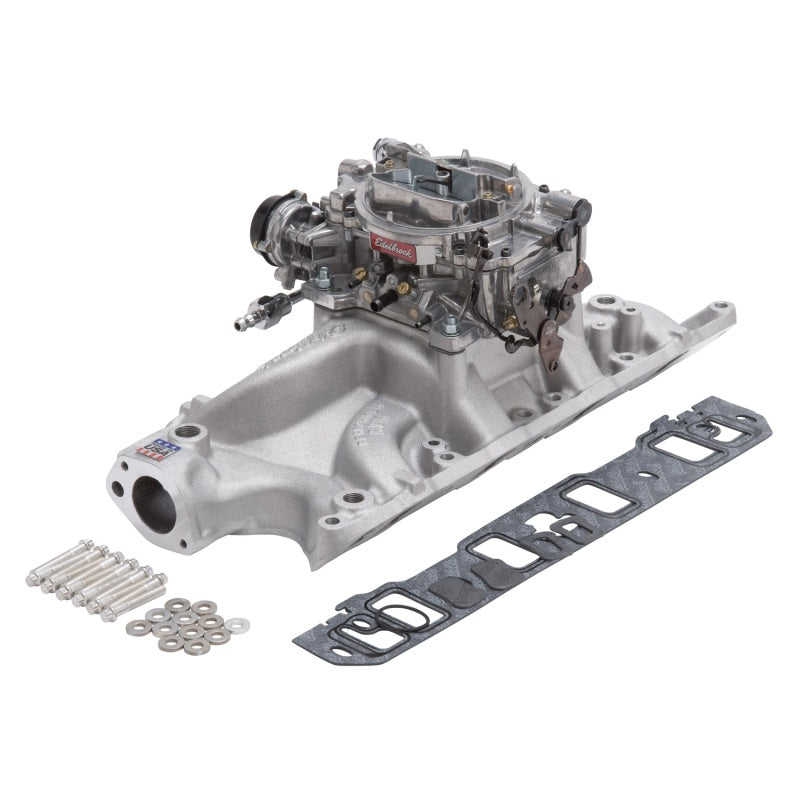Edelbrock Performer RPM small block Ford intake manifold and carb kit for 289-302 engines in natural finish.
