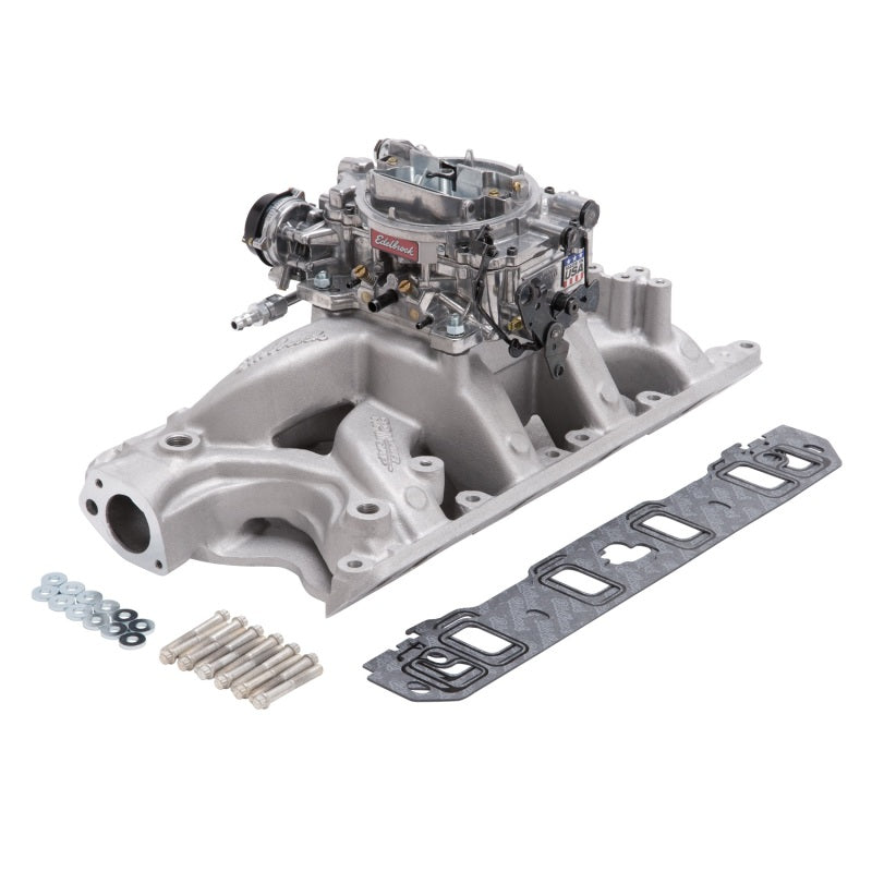 Edelbrock Performer RPM Air-Gap intake manifold and carb kit for small block Ford 351W engine in natural finish.