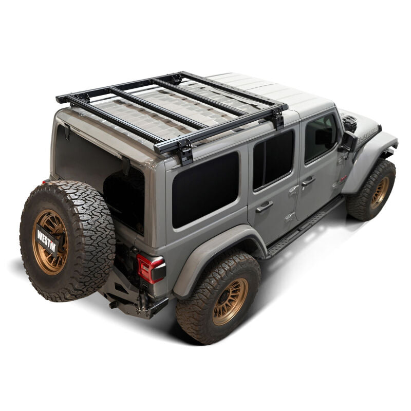 Westin Jeep Wrangler JL Unlimited Mesa roof rack installed on top of vehicle with cargo management features and sturdy design.