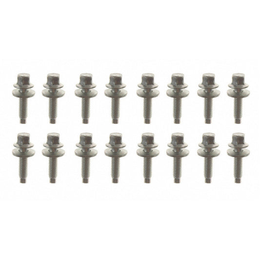 Fel-Pro Ford Ranger engine oil pan bolt set with multiple bolts laid out, suitable for engine oil pan assembly.
