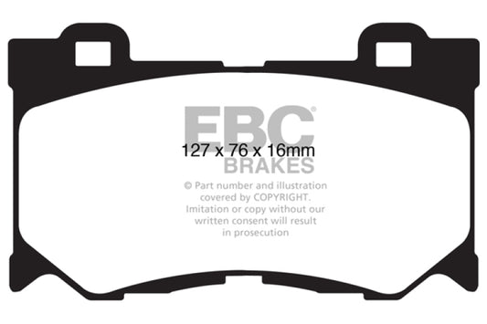 EBC Redstuff front brake pads for Infiniti FX50 5.0, high-performance brake pads with red friction material in a close-up image